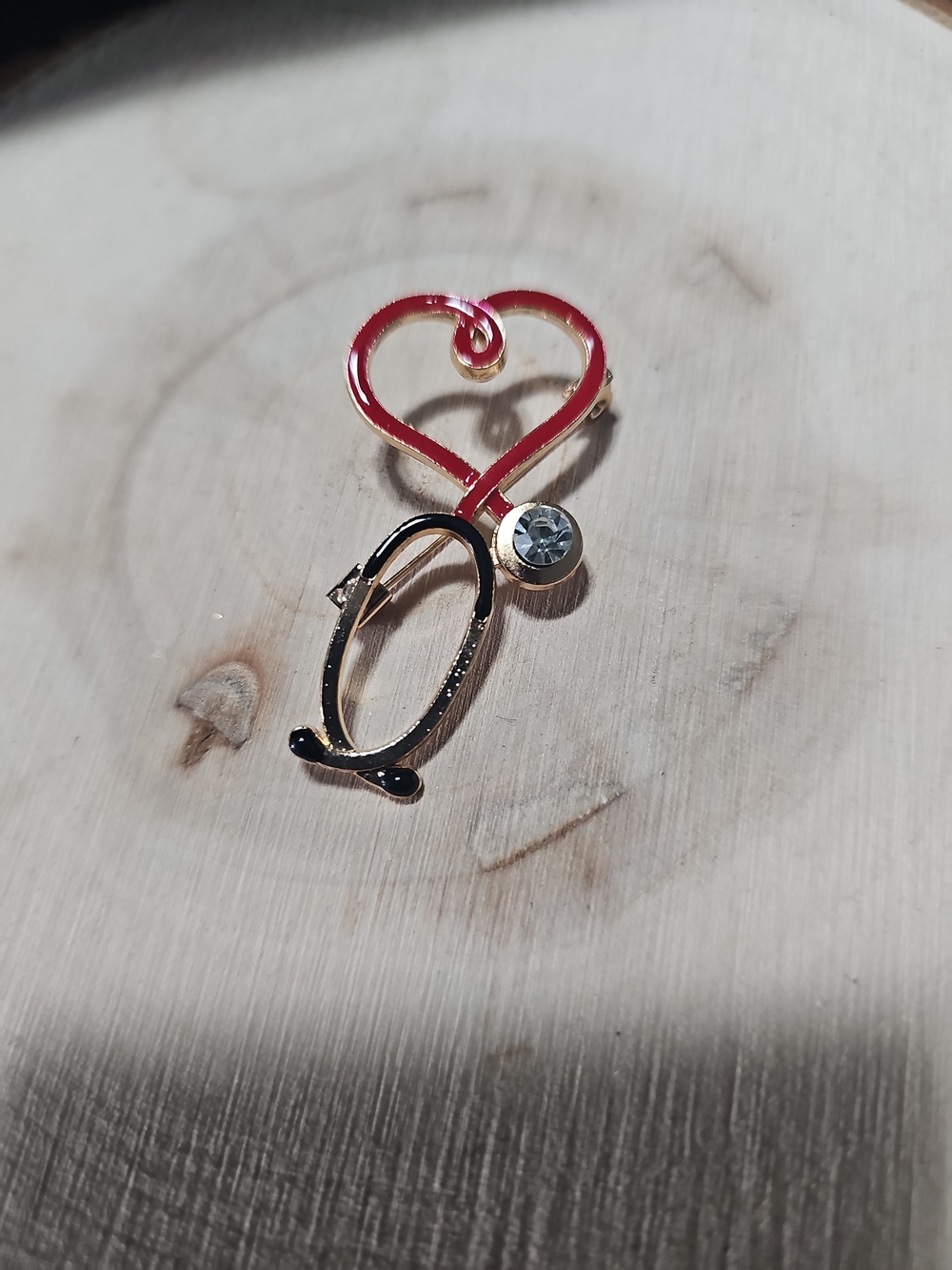 Red Heart & Black Stethoscope Brooch Pin with Crystal Accent Love our nurses💕🫶